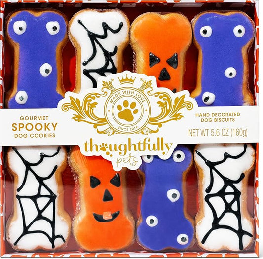 Thoughtfully Pets, Halloween Dog Cookies Gift Set, Crunchy Peanut Butter Treats, Includes Hand Decorated, Spooky Themed Dog Biscuits, Set of 8