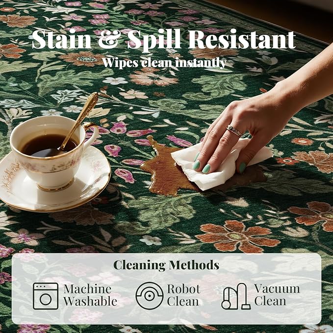 Floral Area Rug for Living Room: 6x6 Washable Soft Low Pile Thin Indoor Carpet, Non Slip Stain Resistant Vintage Flower Boho Accent Large Rugs for Bedroom, Dining, Home Office, Nursery - Green