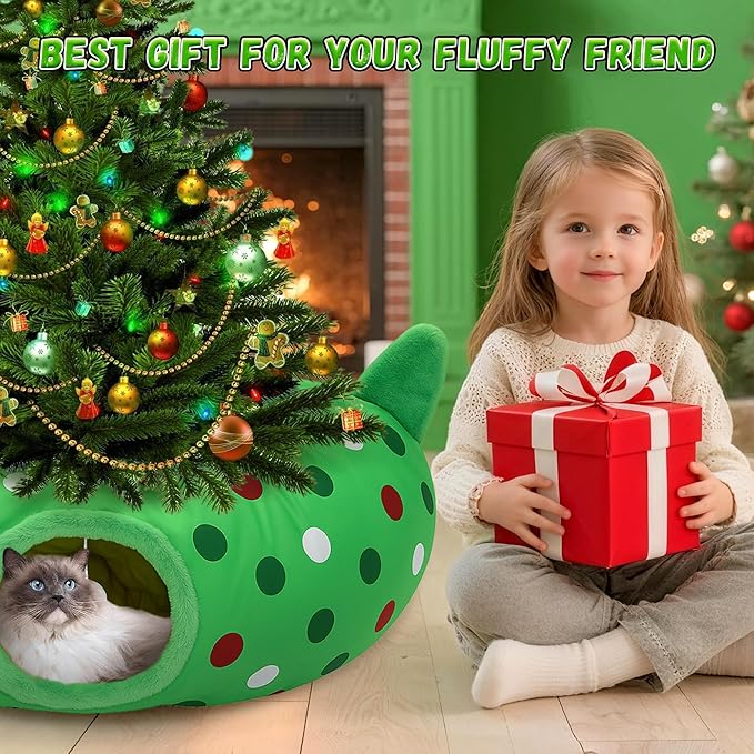 Cat Tunnel Christmas Tree Skirt, 3ft x 3ft x 9.8in Cat Tunnels for Indoor Cats, Grinch Cat Tunnel Bed with Hanging Ball and Cat Ears, Kitten Toys for Indoor Kittens Puppy Rabbit Ferret