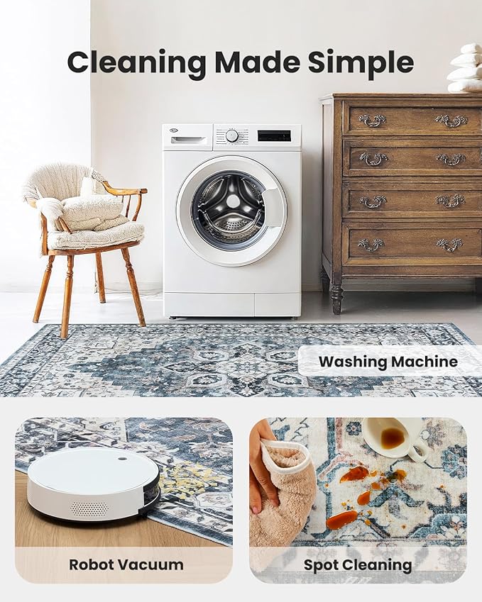 AMADA HOMEFURNISHING 2.6x10 Washable Area Rug, Low-Profile Entryway Rug with Non-Slip Backing & Durable Edge Binding, Vintage Rug Pattern, Small Rugs for Entryway, Kitchen & Living Room
