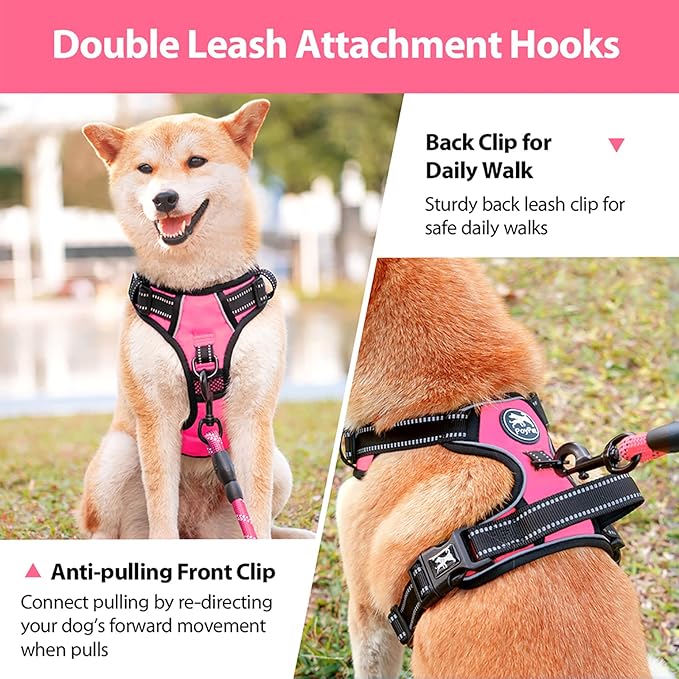 PoyPet No Pull Dog Harness, No Choke Front Lead Dog Reflective Harness, Adjustable Soft Padded Pet Vest with Easy Control Handle for Small to Large Dogs(Pink,S)