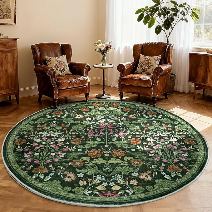 Floral Area Rug for Living Room: 6x6 Washable Soft Low Pile Thin Indoor Carpet, Non Slip Stain Resistant Vintage Flower Boho Accent Large Rugs for Bedroom, Dining, Home Office, Nursery - Green