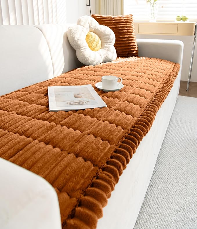 Faux Fur Plush Dog Couch Cover 3D Stripe Fuzzy Sofa Cover Non-Slip Fluffy Dog Bed Cover Pet Blanket Sofa Couch Furniture Protector for Puppy Large Dog Cat (Brown,28"x59")