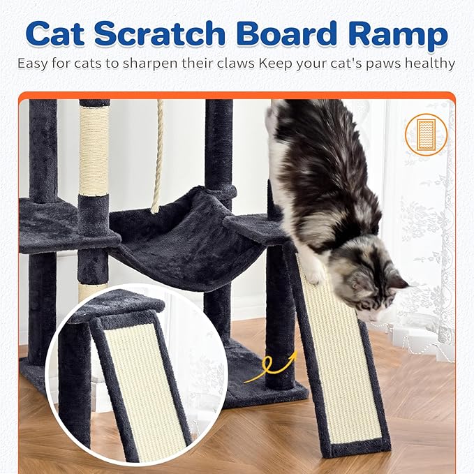 Cat Tree Tower 63in Multi-Level Cat Tower for Indoor Cats with Sisal Scratching Posts, Condo, Hammock, Dangling Ball and Extended Platform for Cats to Play, Dark Grey