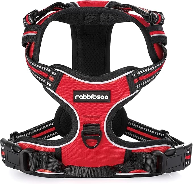 rabbitgoo Dog Harness No Pull with 2 Leash Clips, Adjustable Soft Padded, Reflective Oxford No Choke Pet Vest with Easy Control Handle for Large Dogs, Red, XL