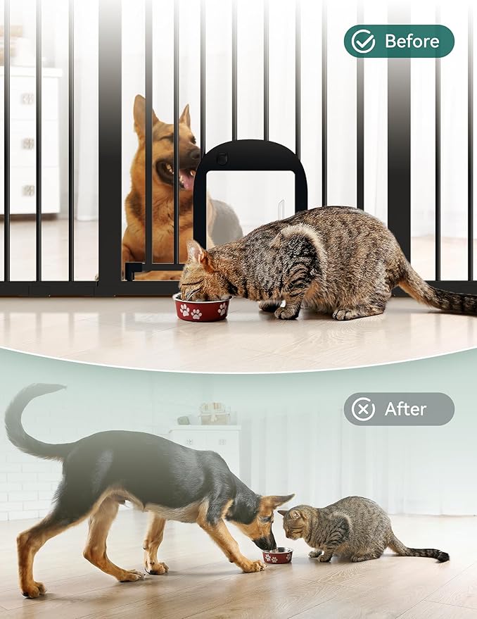 Babelio Upgraded Baby Gate with Cat Door, Auto Close Durable Dog Gate for Stairs, Doorways and House, Easy Walk Thru Safety Gate with Pet Door Includes 4 Wall Cups, 29-48" Wide, 30" Tall, Black