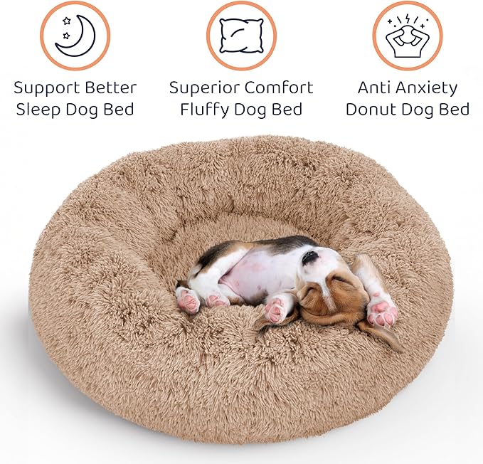 Donut Dog Bed - Premium Comfort for Anxiety Relief - Fluffy & Calming Design with Ultra-Plush Support | Cozy Round Dog Bed with Super Soft Circle Style (Camel, Large)