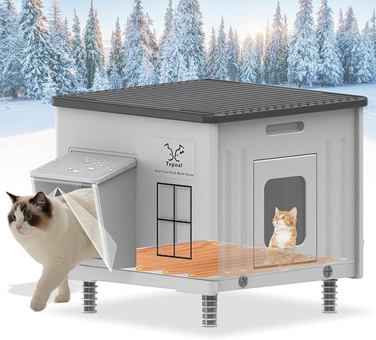 Plastic Heated Cat House for Outside Winter, Elevated Feral Cats Shelter 100% Weatherproof & Insulated with Safe Escape Door, Outdoor Cat House with Heated for Stray Kitty Grey 17.7"X17"X17.5"