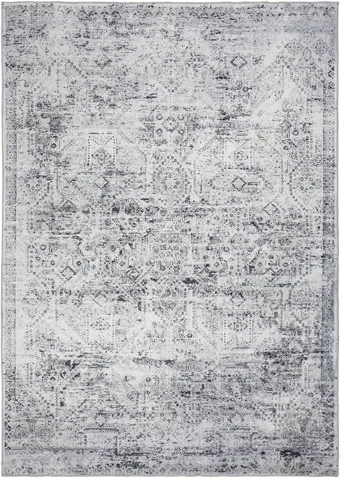 Area Rug 5횞7, Vintage Boho Rug,Ultra-Soft Low Pile, Washable, Non Slip,Stain Resistant Printed Carpet for Living Room Bedrooms Playroom Office Kitchen, Classic Grey.