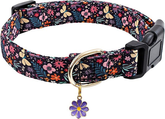 Faygarsle Cotton Designer Dogs Collar Cute Flower Dog Collars for Girl Female Small Medium Large Dogs with Purple Flower Charms M