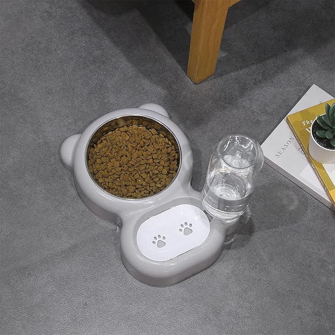 Dog Bowls, Cat Food and Water Bowl Set with Water Dispenser and Stainless Steel Bowl for Cats and Small Dogs - Grey