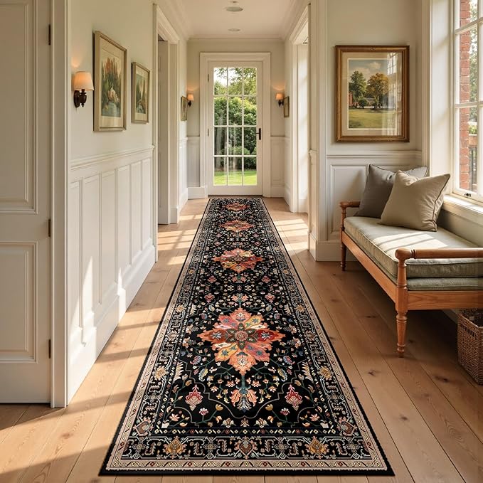 Area Rugs 3'x12' Runner Rug Non Slip Washable for Kitchen Hallway Bedroom Beside Laundry Room Bathroom Rug, Floor Carpet, Black Colorful Floral Dark Tan