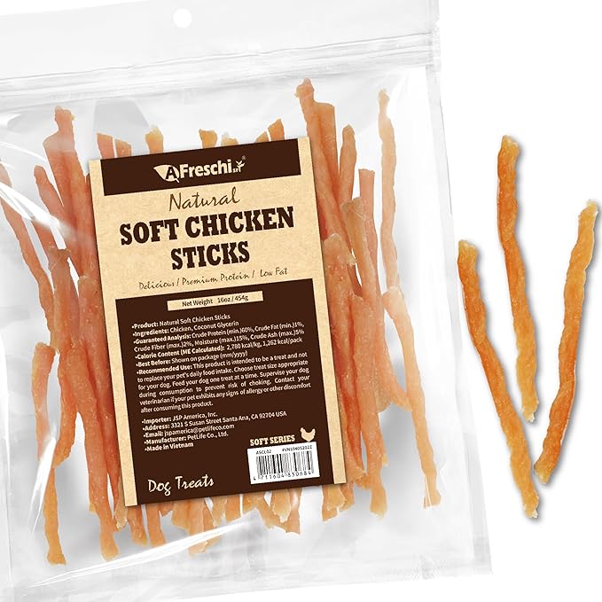 A Freschi srl Soft Chicken Dog Treats, All Natural, High-Protein, Healthy & Easily Digestible, Grain-Free Puppy Chews, Human Grade Training & Rewards Dog Snacks, Chicken Sticks, 16 oz Pack