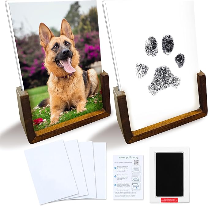 Green Pollywog | Wood Base Pawprint Frame Kit | (2) 4” x 6” Vertical Wooden Picture Frames | Extra-Large Clean Touch Ink Pad | Dog Paw Print Gifts | No Mess Ink Pad | Pet Memorial Picture Frame