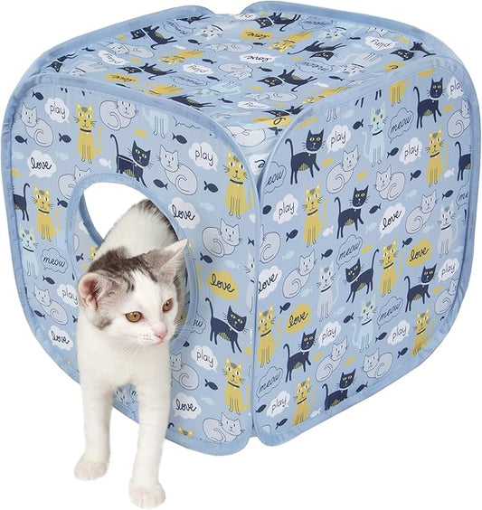 Kitty City Cat Print Pop-Up Cat Play Cube, Collapsible Indoor Cat Hideout with Peekaboo Openings, Lightweight Foldable Cat Cube for Play & Lounging, Blue