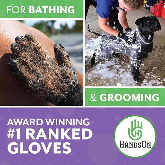 H HandsOn Pet Grooming Gloves - Patented #1 Ranked, Award Winning Shedding, Bathing, & Hair Remover Gloves - Gentle Brush for Cats, Dogs, and Horses (Mono Purple, Junior)
