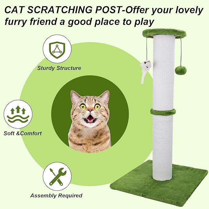Cat Scratching Post 34 Inches Heavy Duty and Thicker Cat Scratching Post Sisal Rope with Hanging Ball and Mice Scratching Post for Indoor Cats and Adult(Bright Green)