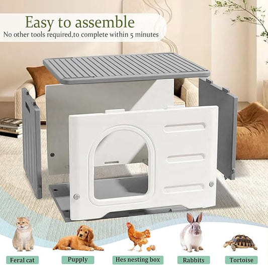 Plastic Cat House Outdoor & Indoor, Feral Cat Houses Waterproof Outdoor Cat House for Feral Cats, Outside Cat Shelter for Small Pet, Assemble and Clean Easily-Grey