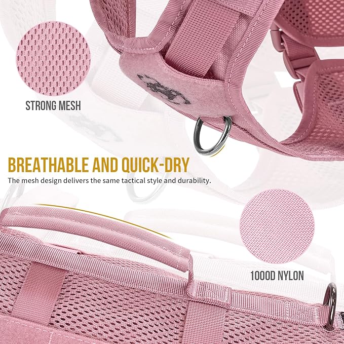 OneTigris Tactical Dog Harness for Small Dogs, No Pull Small Dog Vest Harness with Handles Breathable Military Dogs Molle Vests, Harness for Walking Hiking Training (Pink, XS)