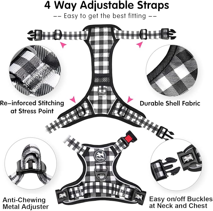 PoyPet No Pull Dog Harness, [Neck Release] Reflective Adjustable No Choke Pet Vest with Front & Back 2 Leash Attachments, Soft Control Training Handle for Small Dogs(Grid,M)