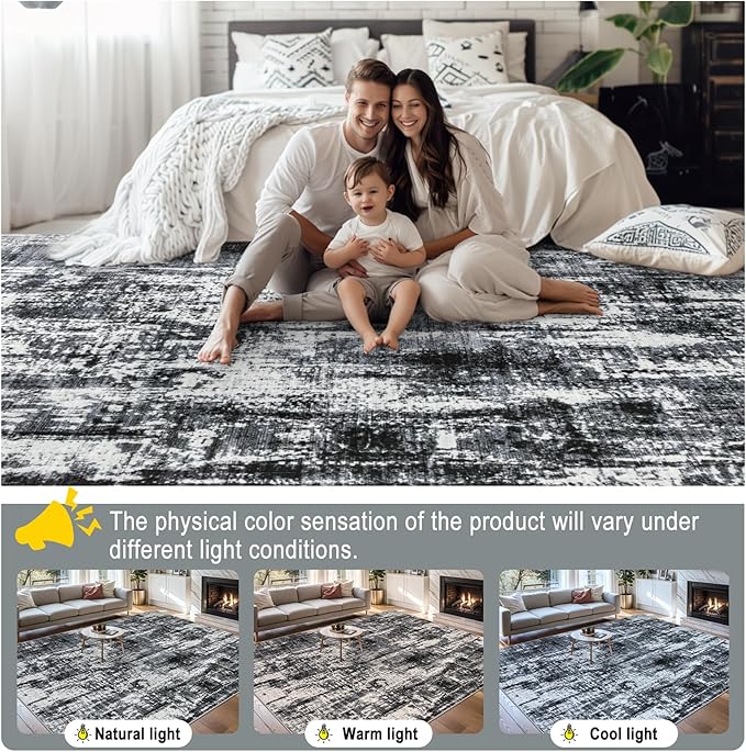 Area Rugs 9x12 Living Room - Washable Rug Modern Abstract Soft Large Neutral Non-Slip Carpet Indoor Floor Thin Carpets for Bedroom Dining Room Farmhouse Nursery Home Office Black