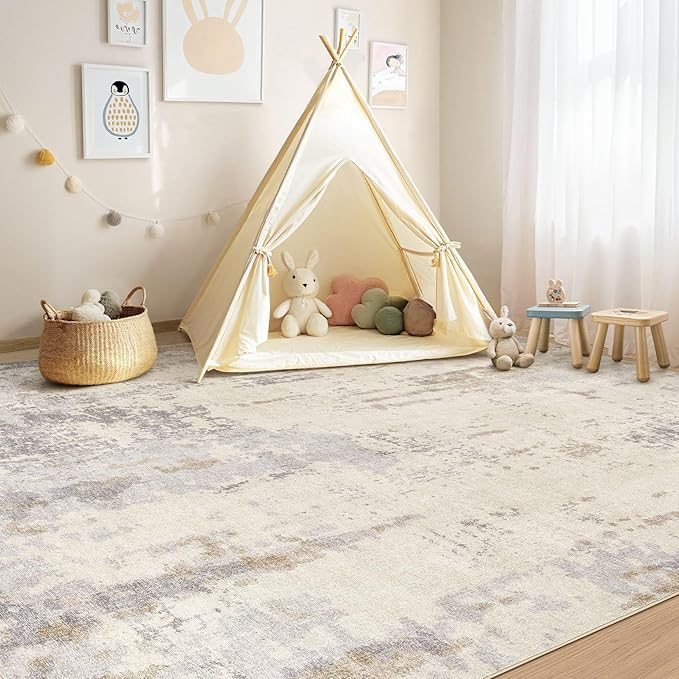 8x10 Area Rug Living Room Rugs - Washable Neutral Modern Abstract Soft Thin Rug Indoor Floor No Slip Rug Carpet for Bedroom Under Dining Table Home Office Decor - Light Brown/Gray