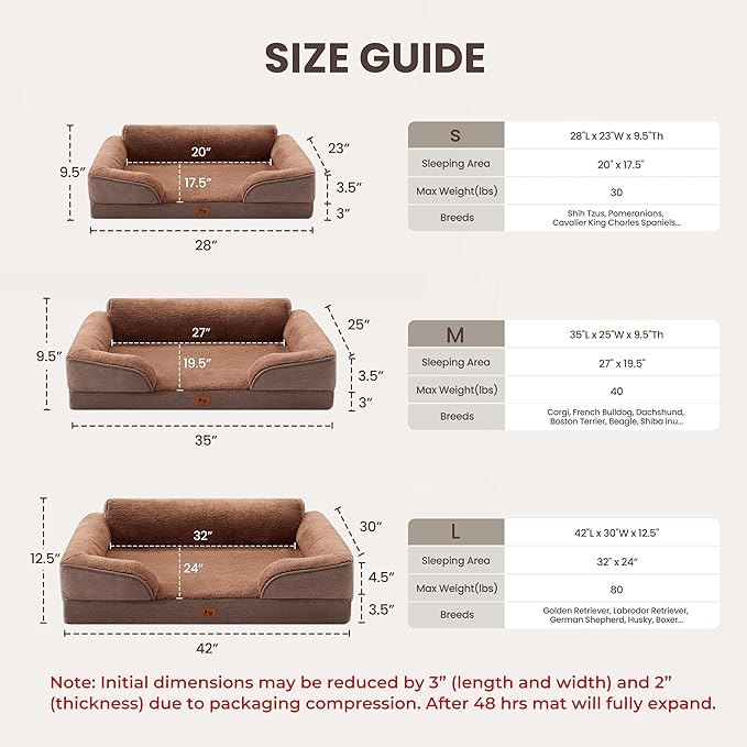 XL Orthopedic Dog Beds for Large Dogs, Waterproof Egg-Crate Foam Pet Couch Bed with Soft Sides, Non-Slip Dog Sofa with Fleece Removable Washable Cover, 42" L Supportive Pet Sofa, Brown