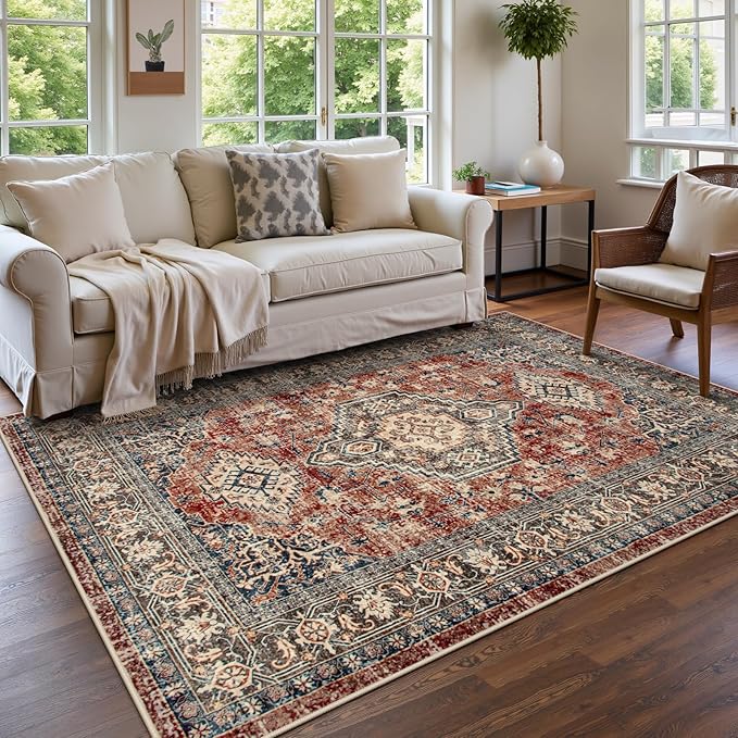 Lahome Oriental Washable Rugs for Living Room, 5x7 Area Rugs for Bedroom Ultra-Thin Non-Slip, Stain Resistant Vintage Low-Pile Throw Carpet for ?랣ining Room Office, Brick Red