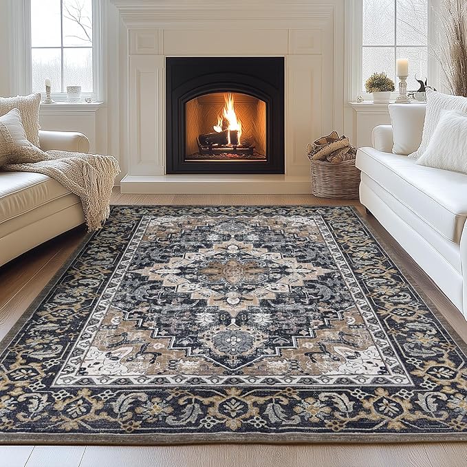 Lessymo Area Rugs 5x8, Machine Washable Area Rug, Super Soft Faux-Wool Area Rugs for Living Room Bedroom Kitchen, Boho Vintage Floral, Non-Slip Low Pile, Kid & Pet Friendly, Black Brown