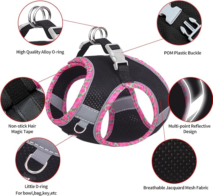 AIITLE XXS Dog Harness & Leash Set - Breathable Reflective No-Choke Small Dog Harness for Teacup Puppies, Indoor/Outdoor Use - Boston Terrier, Maltese, Chihuahua(Black, XXS)