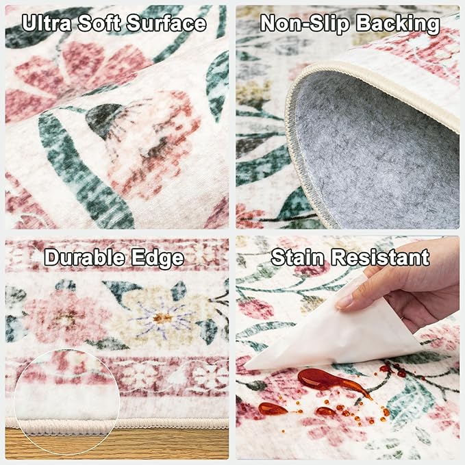 8x10 Area Rugs for Living Room: Floral Washable Rug Vintage Large Soft Boho Non-Slip Carpet Indoor Stain Resistant Low Pile Carpets for Bedroom Dining Room Farmhouse Nursery Home Office Pink Green
