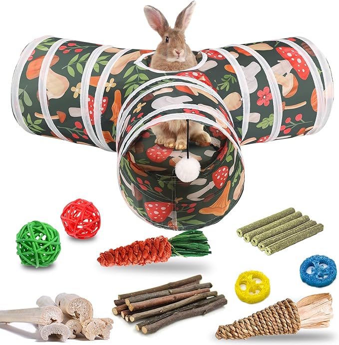 HERCOCCI Rabbit Toys, Bunny Tunnel & Tube, Collapsible 3 Way Rabbit Hideout Tunnel with Chew Toy for Bunny Guinea Pig Ferret Kitten