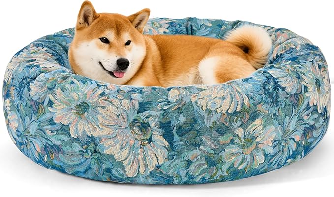 Dog Calming Beds for Small Medium Large Dogs - Round Donut Washable Puppy Dog Bed, Anti-Slip Faux Fur Fluffy Donut Cuddle Anxiety Cat Pet Bed (32" Flower)