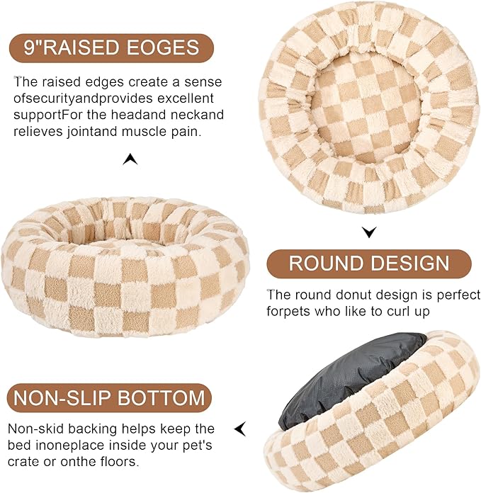Dog Calming Beds for Small Medium Large Dogs - Round Donut Washable Puppy Dog Bed, Anti-Slip Faux Fur Fluffy Donut Cuddle Anxiety Cat Pet Bed (20" Grid)