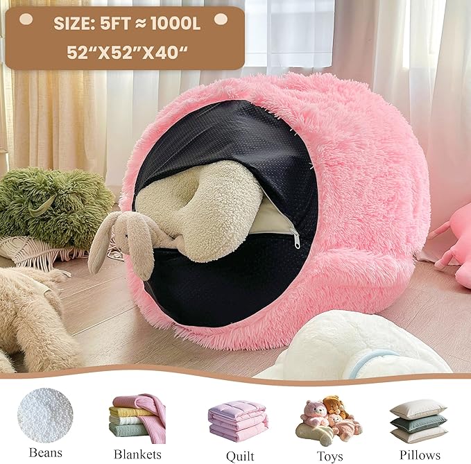 MEGO 5FT Oversized Soft Luxury Bean Bag Chair Cover (No Filler), Fluffy Faux Fur Stuffed Animal Storage Beanbag Cover, Anti-Slip Plush Fuzzy Lazy Sofa Bed Cover Adults Girls Kids Teens, Ombre Aqua