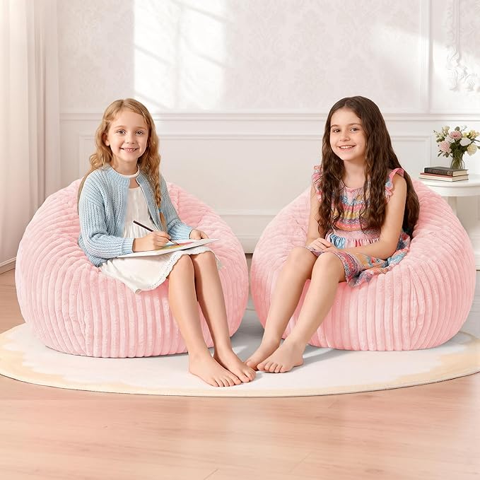 Homguava 2Pcs of 2FT Bean Bag Chair, 2' Small Bean Bags with Memory Foam Filled, Beanbag Chairs with Machine Washable Cover Dutch Corded Plush Cover for Classroom,Living Room,Bedroom-Soft Pink