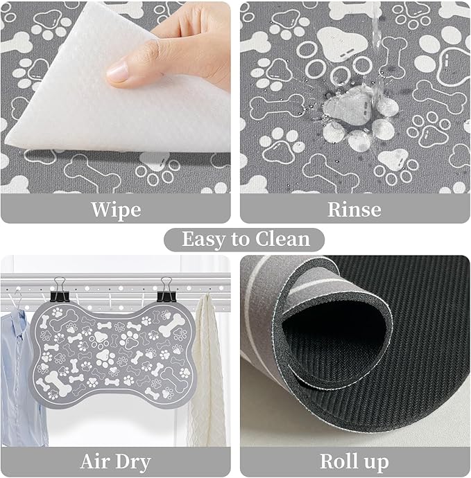 Dog & Cat Food Mat Bone Shaped Pet Feeding Mat Quick Absorb Water Bowl Placemat with Rubber Backing Indoor Floor Stain Resistant Pet Accessory Supplies (Grey, 17x29 Inches)