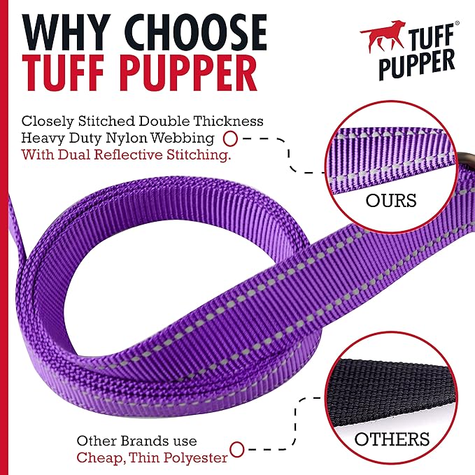 Tuff Pupper Heavy Duty Double Handle Leash | Twist Locking Carabiner Clip | Safety Lock for Strong Dogs | Reflective for Safe Night Walks | 6 Foot Leash | For Medium & Large Dogs