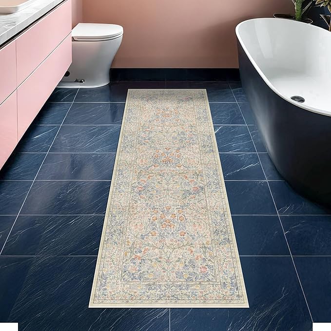 Washable Bathroom Runner Rug 2x6 - Long Runner Rugs for Laundry Room, Bedroom, 24 x 72 Kitchen Floor Mat - Non Slip Vintage Design Décor, Beige Blue