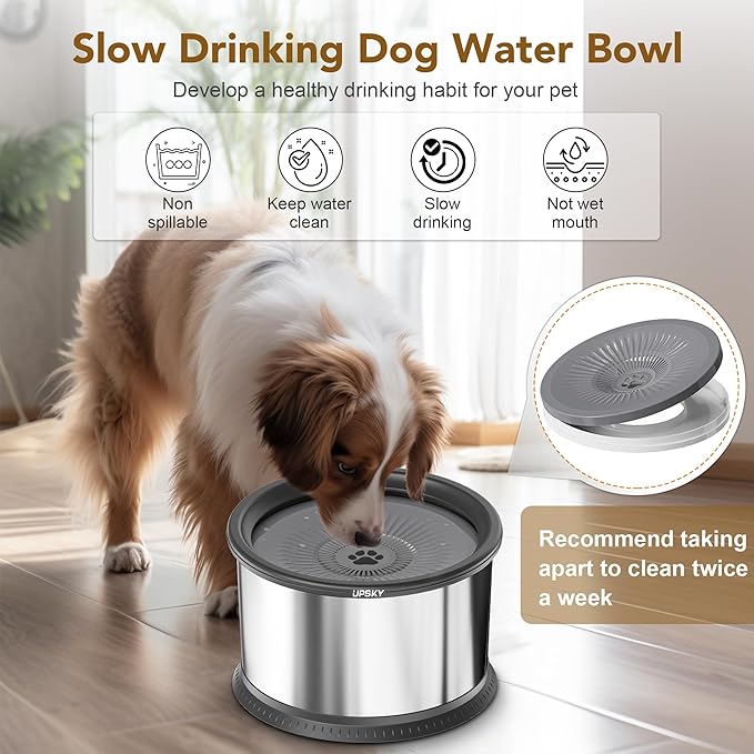UPSKY 3.5L Dog Water Bowl,Large Capacity No Spill Dog Water Bowl,Stainless Steel Spill Proof Slow Water Feeder,No Splash Water Bowl with Anti-Slip Mat for Messy Drinkers Grey, C.3.5L