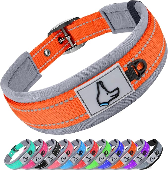 Joytale Dog Collar for Large Dogs, Neoprene Padded and Adjustable, Reflective Wide Heavy Duty Pet Collars with Durable Metal Belt Buckle for Walking, Orange, L