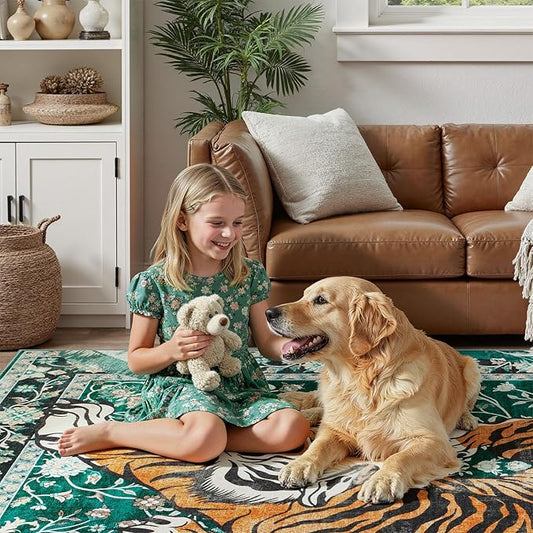 DCX Washable 8x10 Tiger Area Rug, Green Vintage Animal Rug for Living Room, Soft Low Pile Carpet, Kid & Pet Friendly with Rubber Back Non Slip, Stain Resistant Rug for Bedroom Dining Room Office