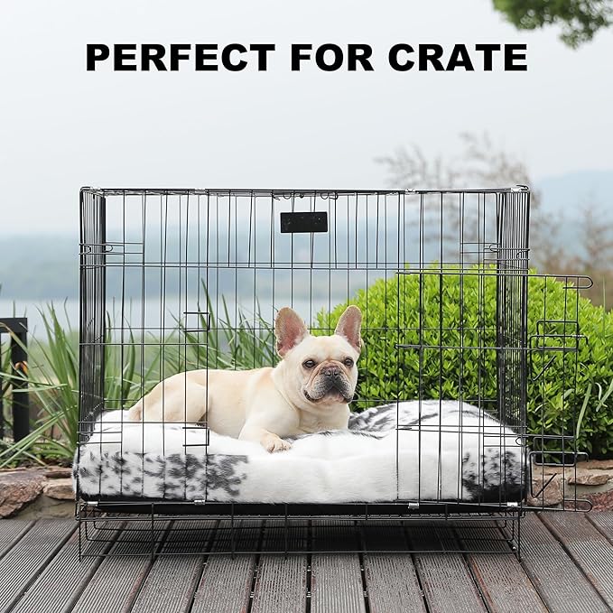 Bedfolks Plush Waterproof Dog Crate Bed - Removable Washable Cover, Faux Fur, 29"x21", Black-White Cowhide