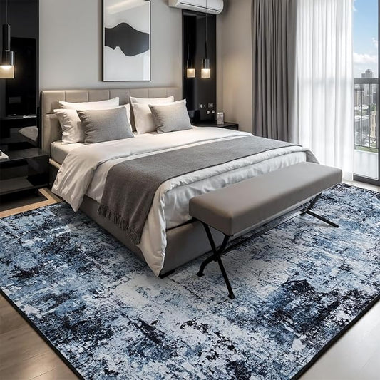 Rugflix 4x6 Area Rug for Living Room, Washable Non-Slip Stain-Resistant Low Pile, Modern Dark Carpet for Dining Room/Home Office/Kid Room/Nursery/Bedroom, Navy Blue/Black