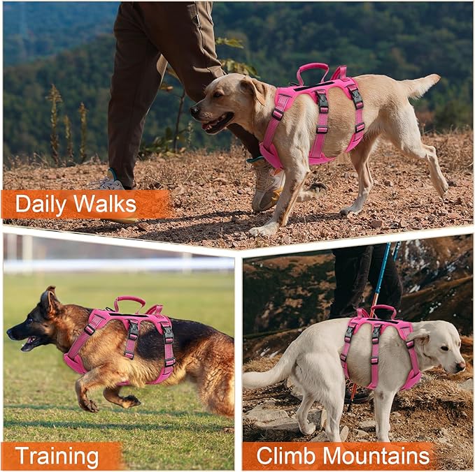 Escape Proof Dog Harness for Large Medium Sized Dogs Six Point Adjustable, Service Dog Vest Harness and Leash Set, No Pull Dogs Harnesses with Handle, Medium Dog Harnesses for Walking(Pink, M)