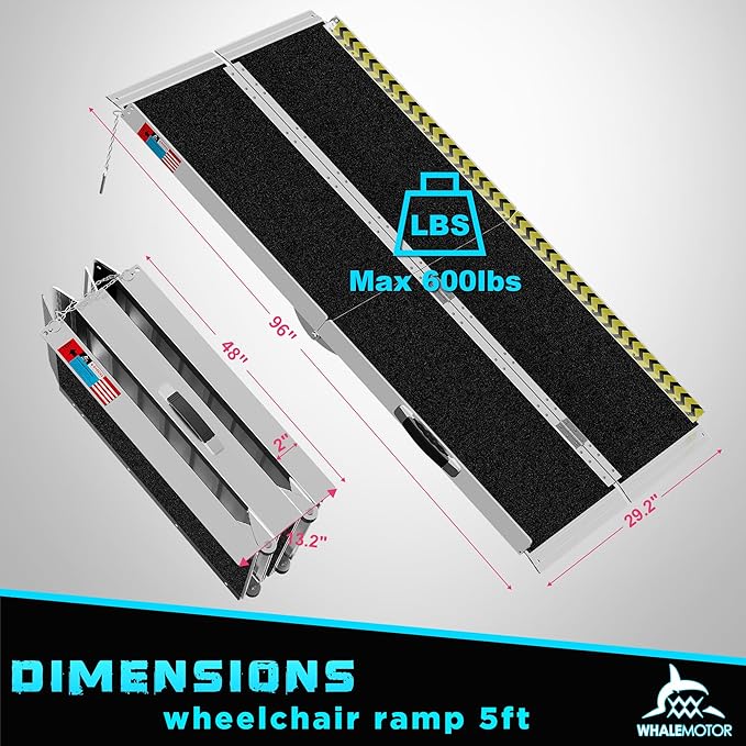Portable Wheelchair Ramp 8FT, Anti-Slip Aluminum Folding Portable Ramp, Wheelchair Ramps for Home, Weight Capacity Up to 800 LBS, with Transition Plates Above and Below, Loading Dock Plates