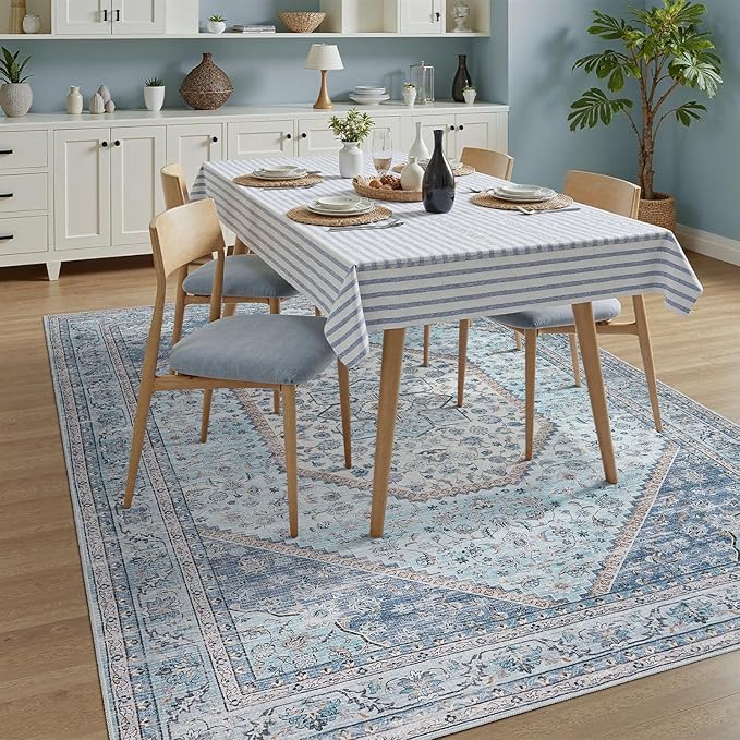 DCX Machine Washable Blue and Beige Area Rug 4x6, Non Slip Stain Resistant Vintage Floral Rug for Living Room Bedroom Nursery, Soft Low Pile Large Carpet