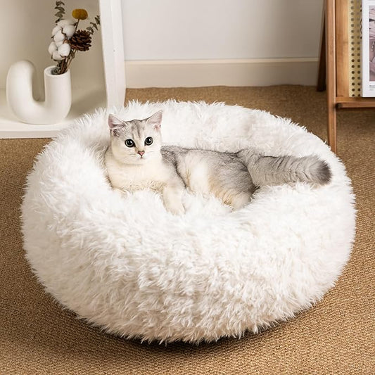 KHONSU PET Calming Donut Cat Bed for Cats & Kittens, Round Plush Cuddler with Chopped Memory Foam, Anti-Anxiety Bolster Support, Machine Washable & Non-Slip