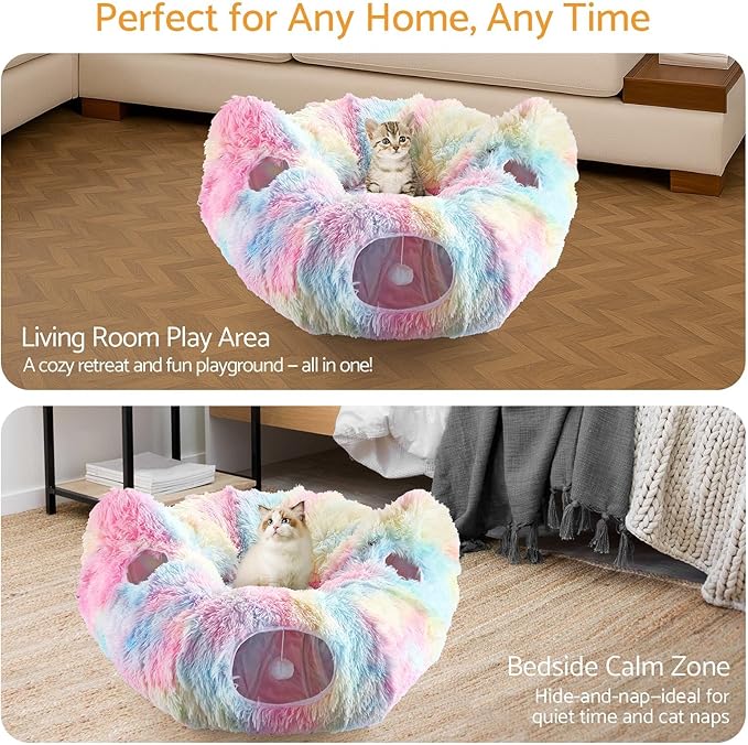 Cat Tunnel Bed, Collapsible Cat Tunnel with Washable Cushion,3-in-1 Multi-Functional Play Tunnel with Peek Holes & Ears, Indoor Playhouse for Cats Kittens Rabbits Small Dogs,Gift for Pet