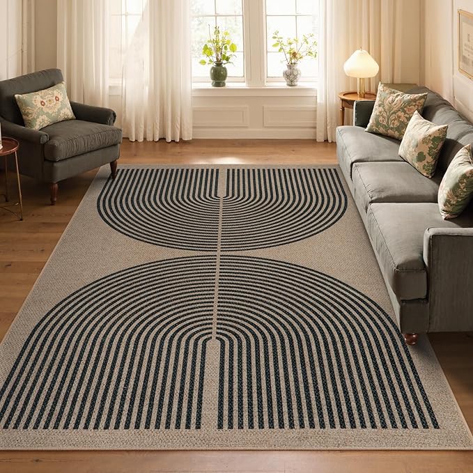 Lahome Modern Rainbow Easy Jute Rug, Washable Rugs 5x7 for Living Room Bedroom Black Farmhouse Indoor Outdoor Patio Carpet, Contemporary Natural Throw Mat Non Slip Carpet for Office RV
